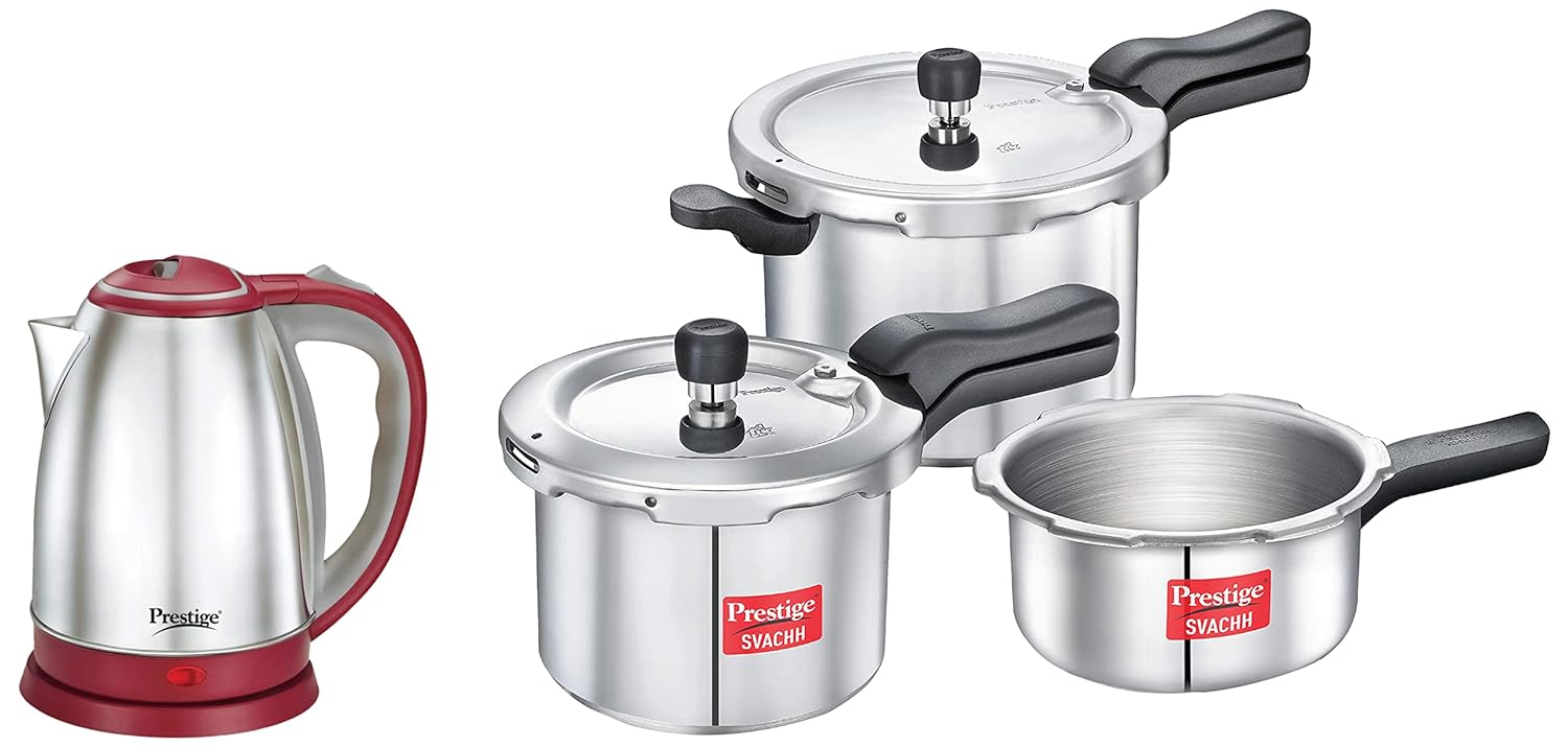Prestige 1.5 Litre Kettle 1500-Watts, Red + Prestige Svachh Aluminium 2+3+5 Litre Combo Cooker With Induction Base, 1.5 Liter